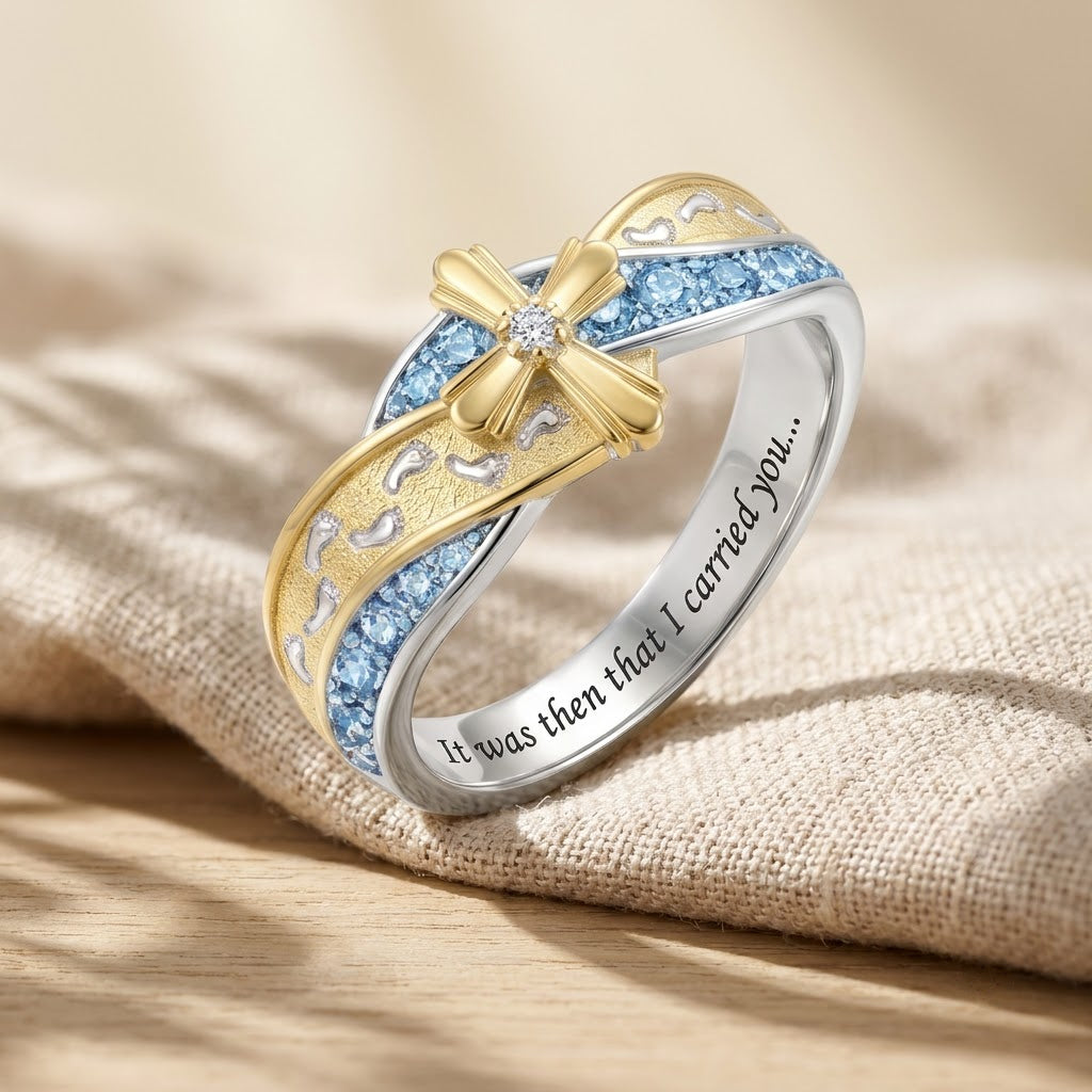 Carried by Grace Footprints Ring, close-up detail