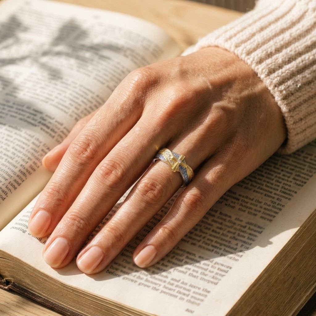 Carried by Grace Footprints Ring, styled with an open Bible
