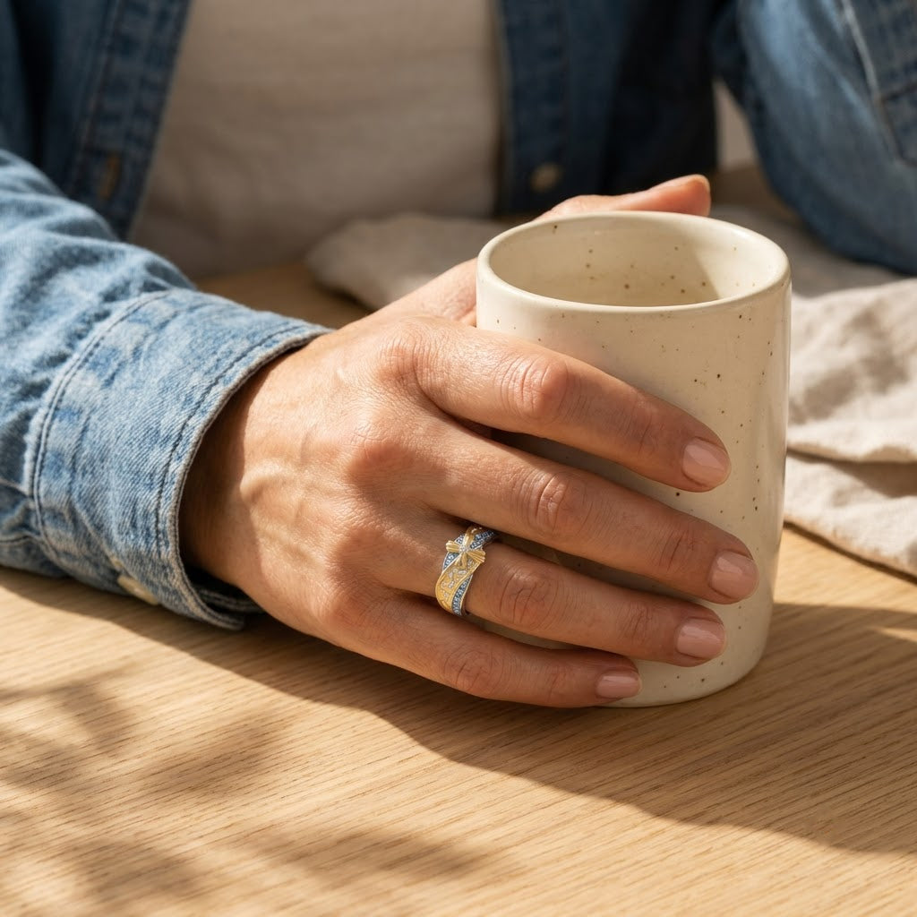 Carried by Grace Footprints Ring, with a morning cup of coffee
