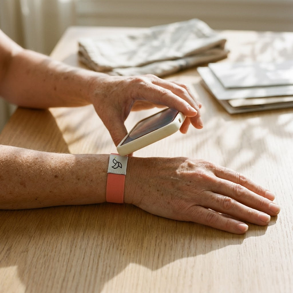 Tapping a phone to the bracelet tag to open a Bible verse