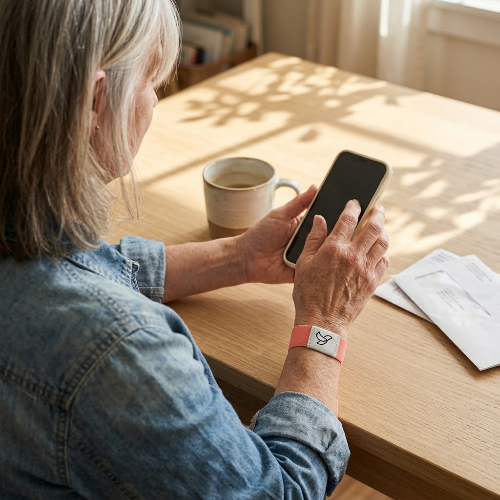Woman reading on her phone at the kitchen table, wearing the bracelet
