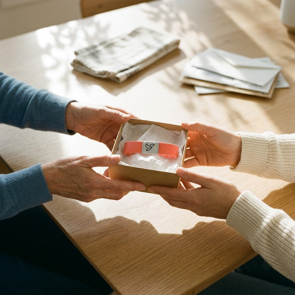Handing over the bracelet in a kraft gift box