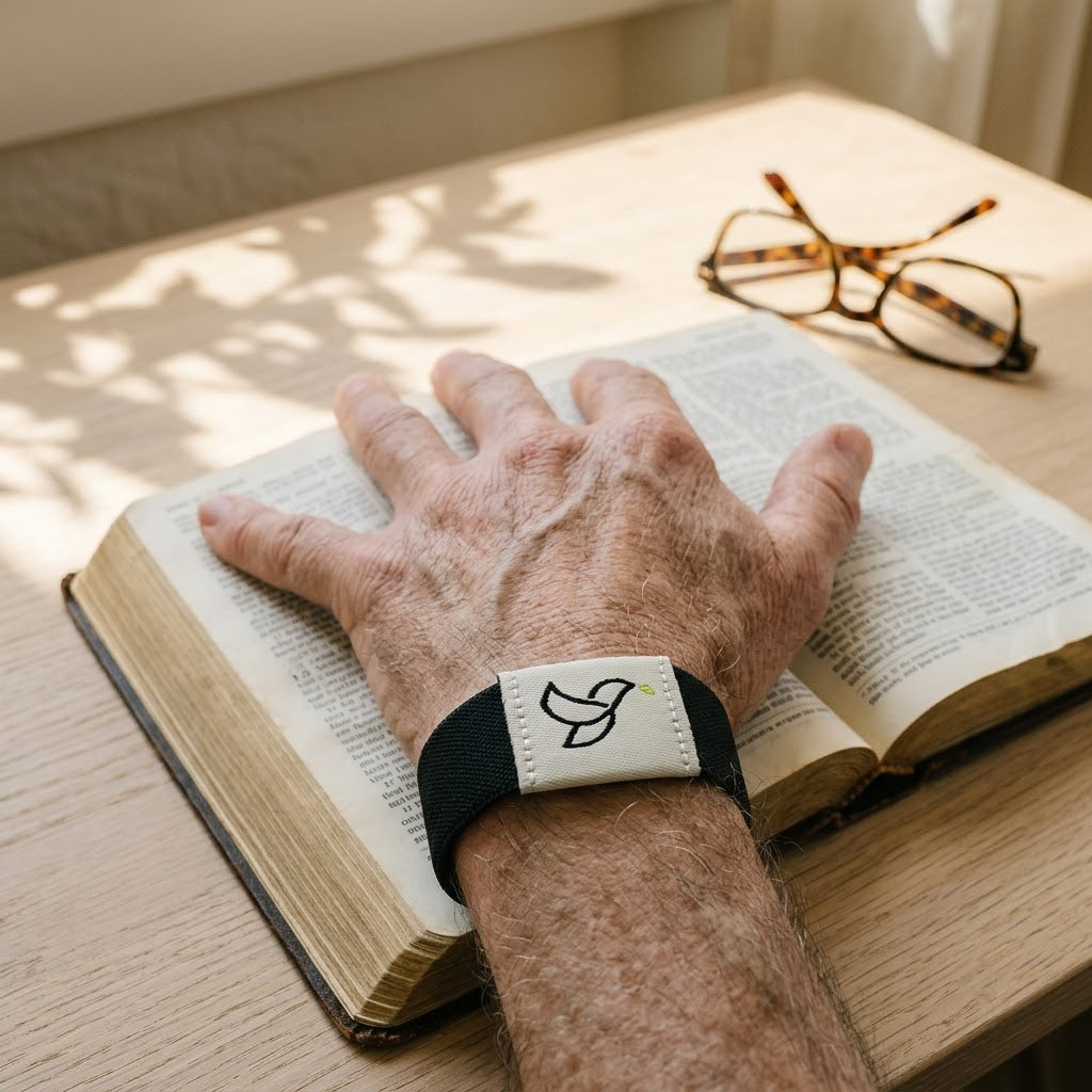 Black bracelet on a man's wrist resting on an open Bible