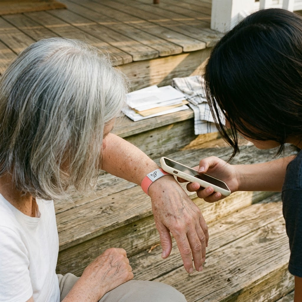 Granddaughter tapping her phone to her grandmother's bracelet