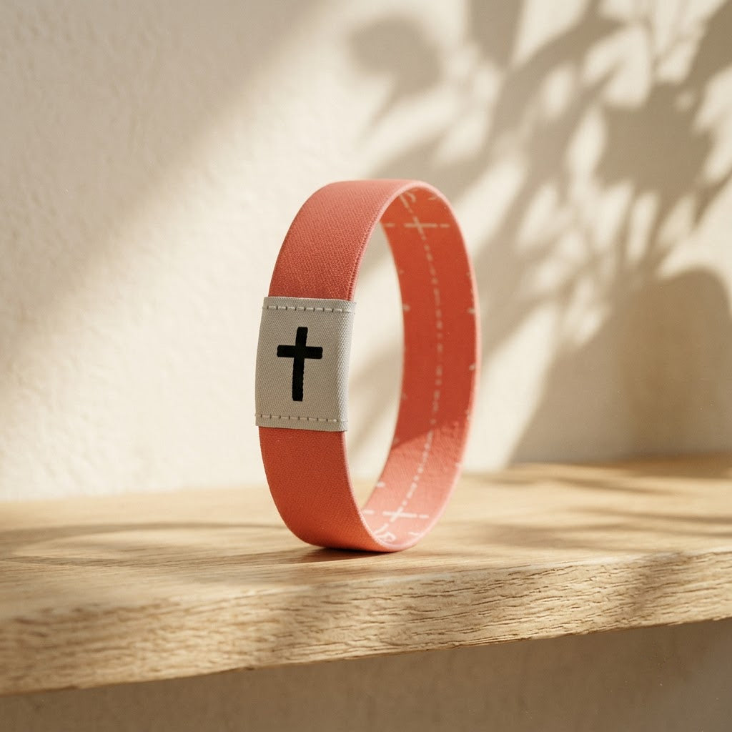 Coral Pink Daily Verse Bracelet with cross tag on an oak shelf
