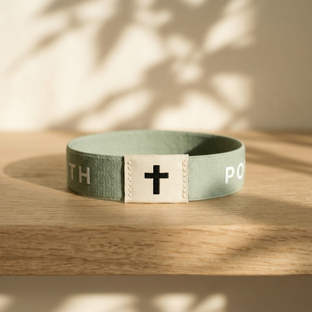 Sage Green Daily Verse Bracelet with cross tag on an oak shelf