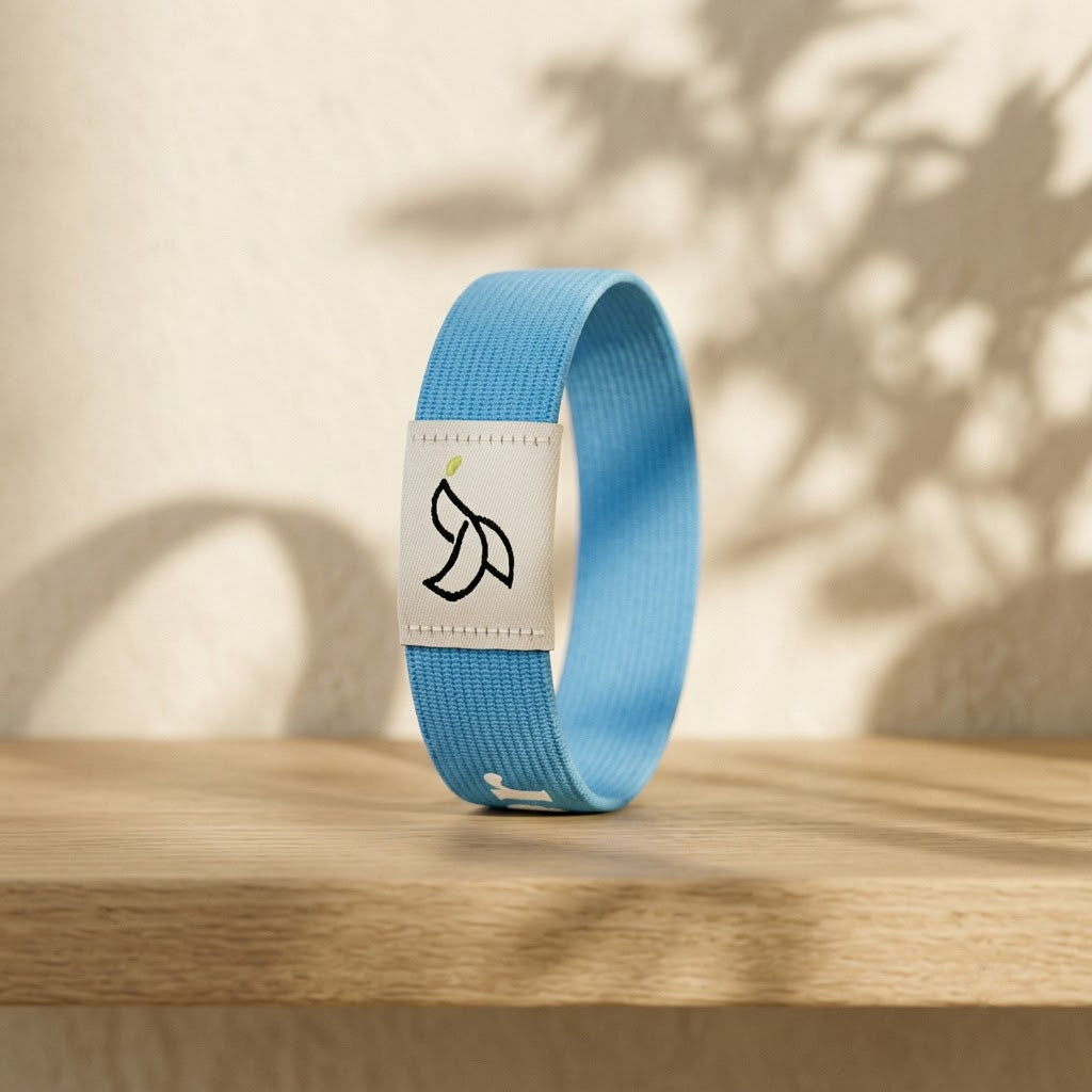 Sky Blue Daily Verse Bracelet with dove tag on an oak shelf