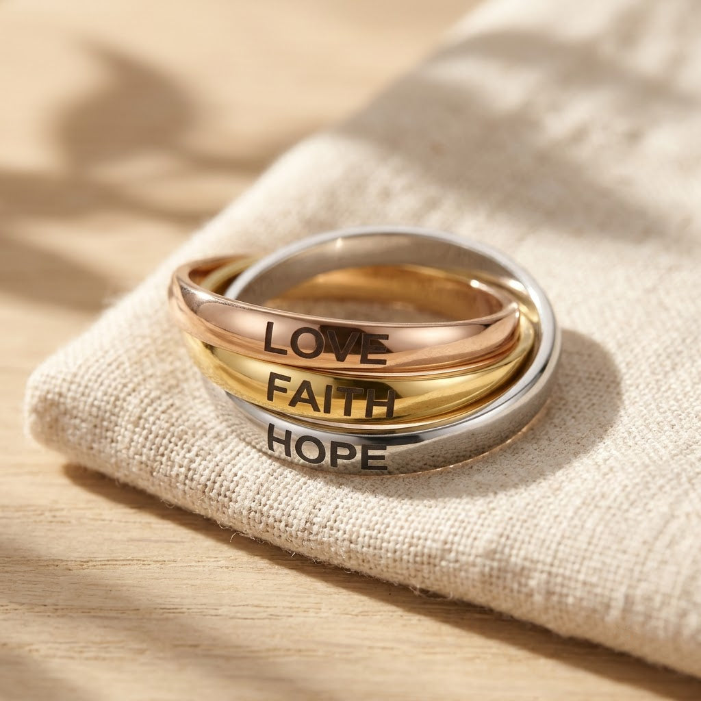 Faith Hope Love Trinity Ring, close-up detail