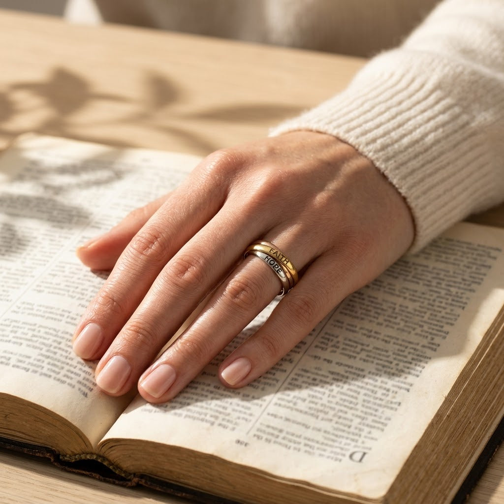 Faith Hope Love Trinity Ring, styled with an open Bible