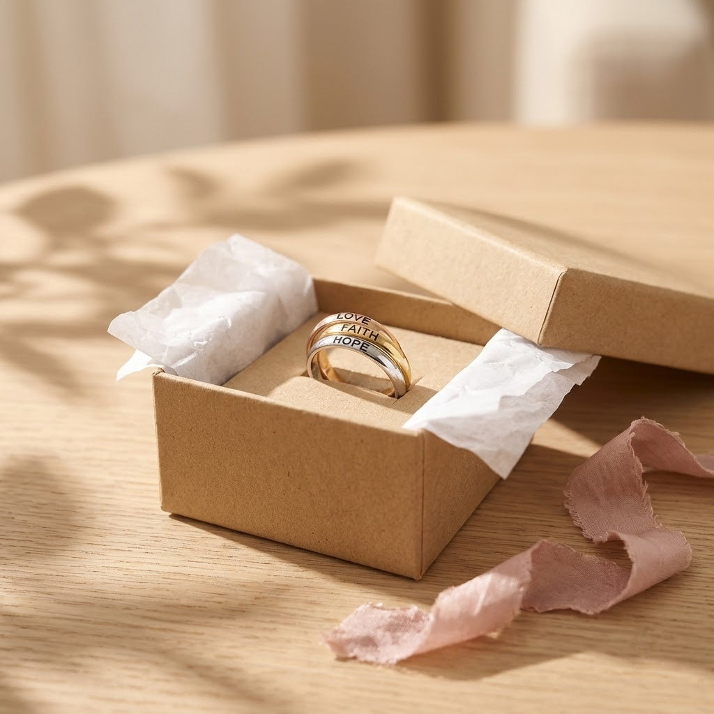 Faith Hope Love Trinity Ring, in a gift box