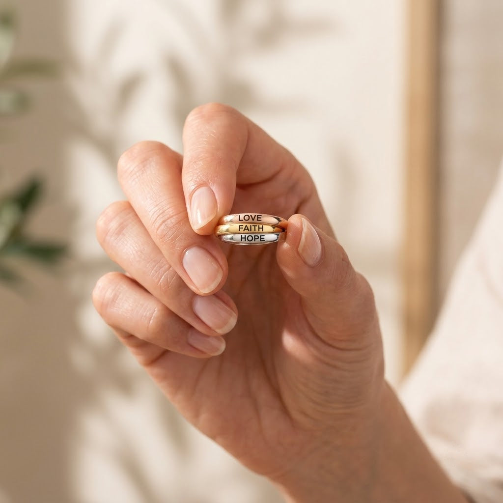 Faith Hope Love Trinity Ring, shown true to size