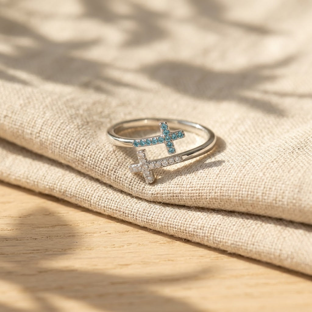 Guided by Faith Double Cross Ring, close-up detail