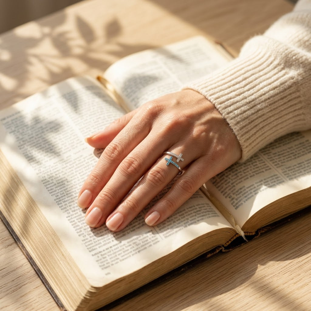 Guided by Faith Double Cross Ring, styled with an open Bible