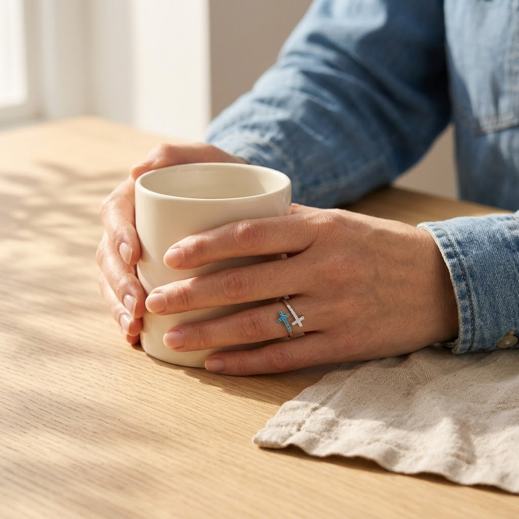 Guided by Faith Double Cross Ring, with a morning cup of coffee
