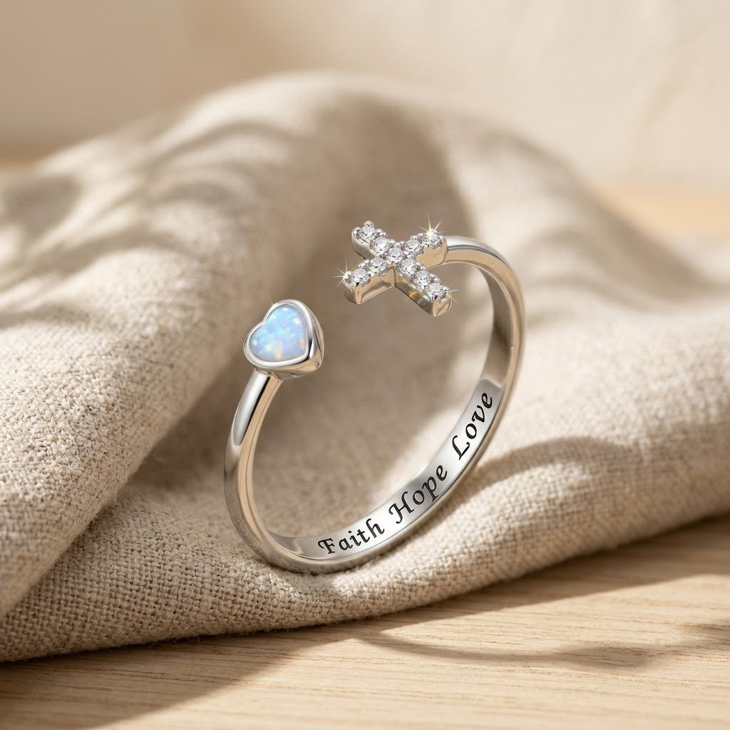 Heart of Faith Opal Cross Ring, close-up detail