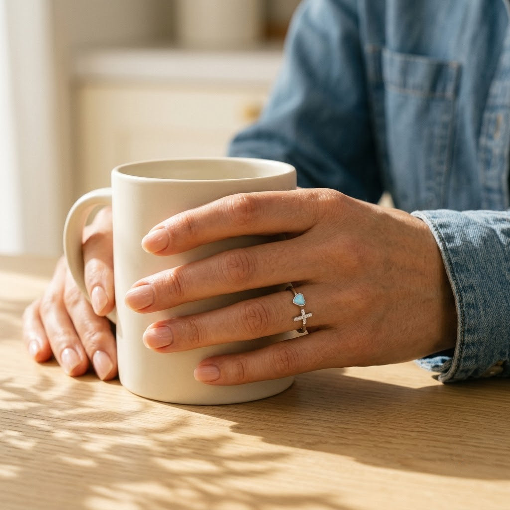Heart of Faith Opal Cross Ring, with a morning cup of coffee