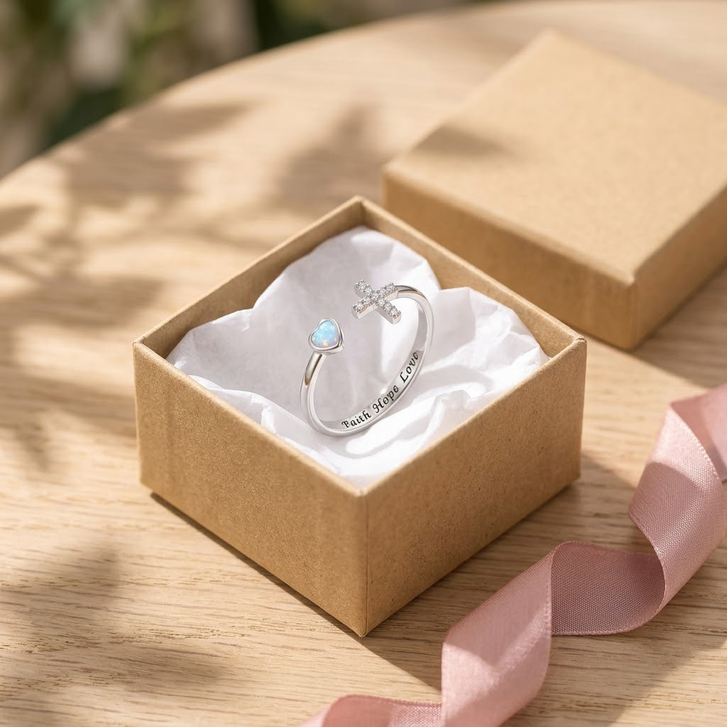 Heart of Faith Opal Cross Ring, in a gift box