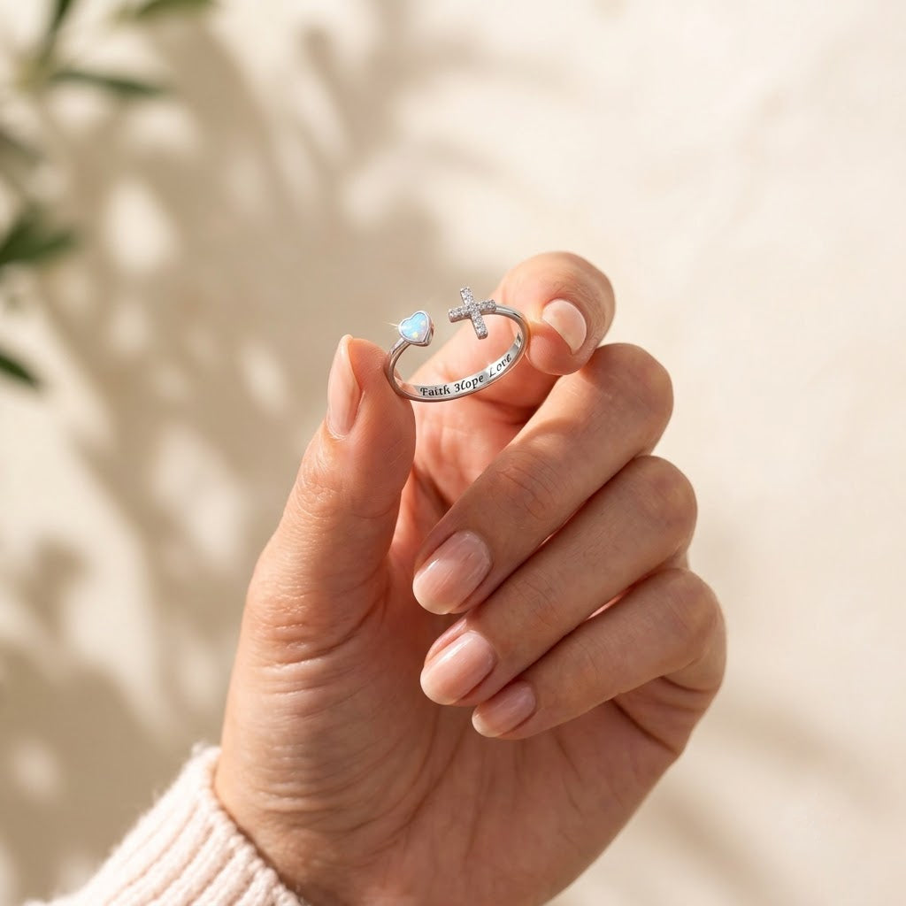 Heart of Faith Opal Cross Ring, shown true to size
