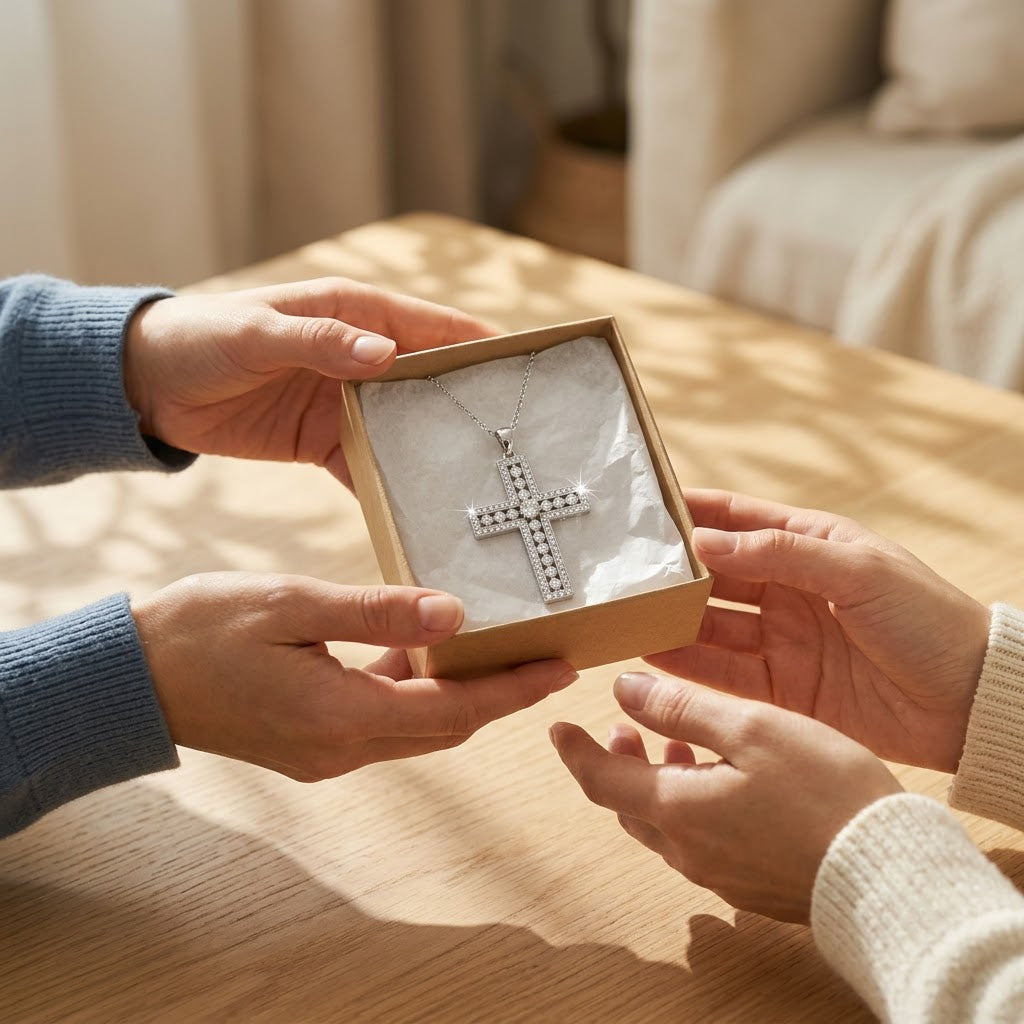 Radiant Pavé Cross Necklace, given as a gift