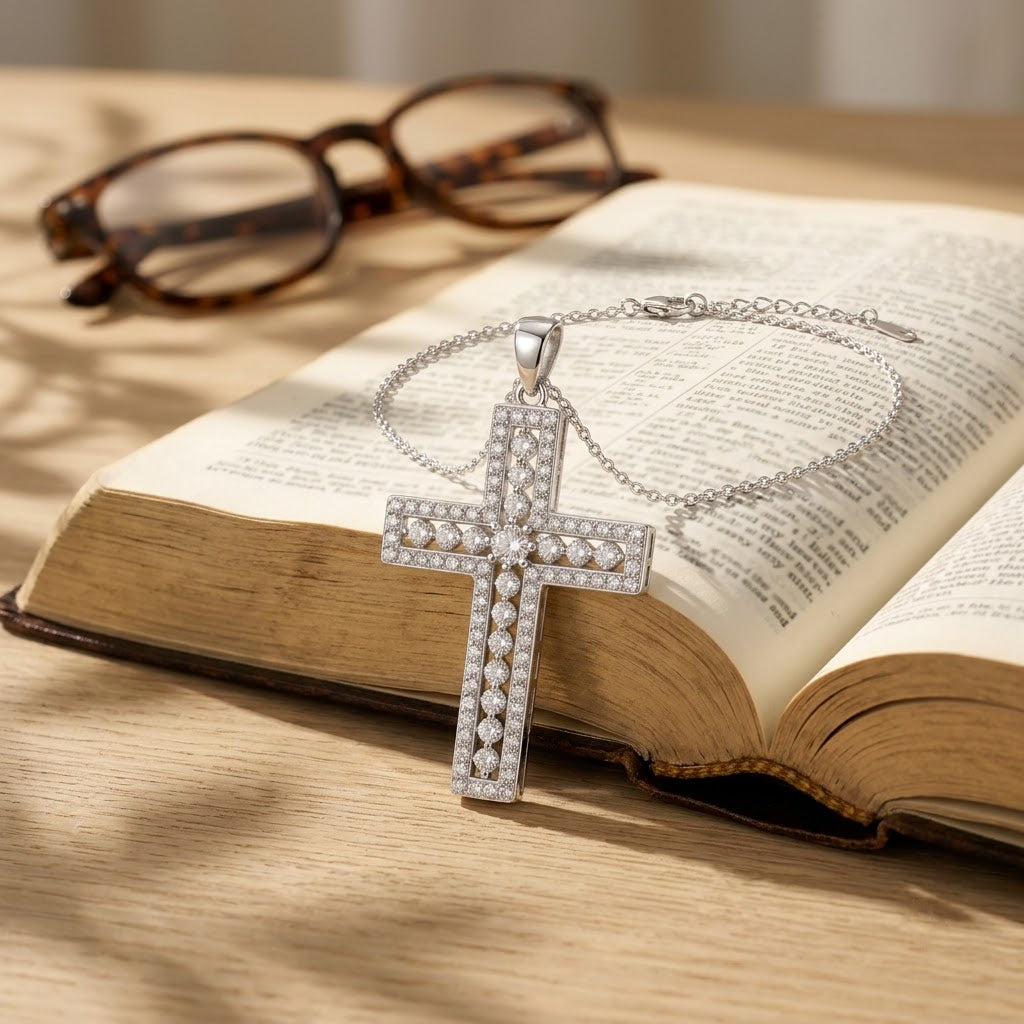 Radiant Pavé Cross Necklace, held in prayer