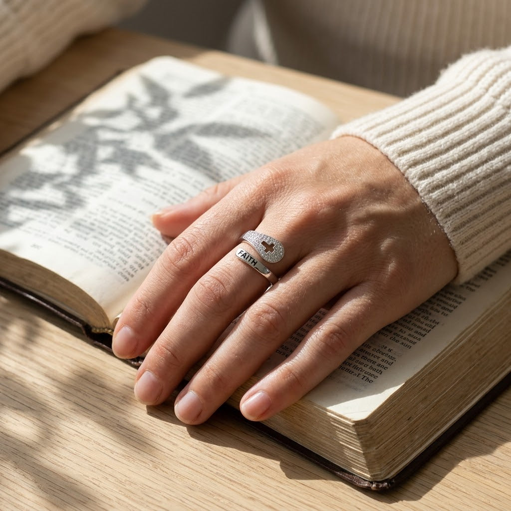 Walk by Faith Cross Wrap Ring, styled with an open Bible