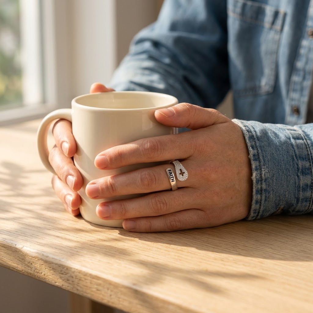 Walk by Faith Cross Wrap Ring, with a morning cup of coffee